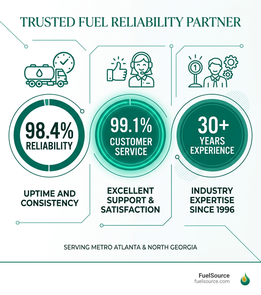 FuelSource reliability stats: 98.4% reliability, 99.1% customer service, 30+ years experience - fuel delivery near me