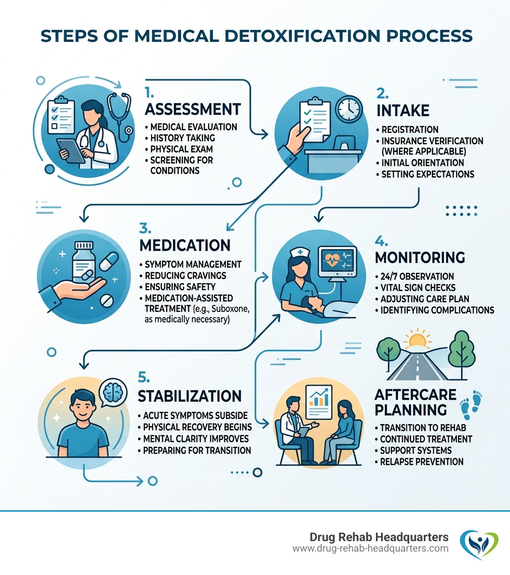Steps of medical detoxification process infographic showing assessment intake medication monitoring stabilization and Steps of medical detoxification process infographic showing assessment intake medication monitoring stabilization and