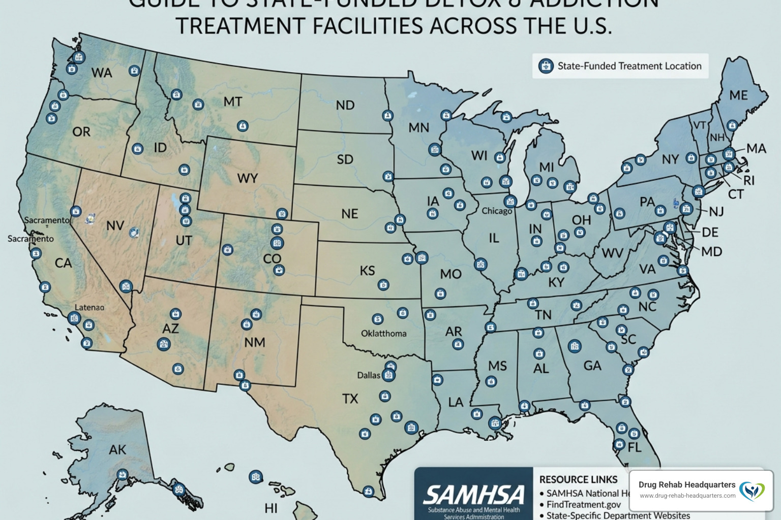 Map showing various treatment locations and SAMHSA resources - state funded detox Map showing various treatment locations and SAMHSA resources - state funded detox