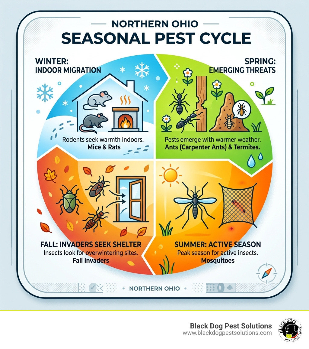 Northern Ohio seasonal pest cycle infographic showing rodents in winter, ants and termites in spring, mosquitoes in summer Northern Ohio seasonal pest cycle infographic showing rodents in winter, ants and termites in spring, mosquitoes in summer