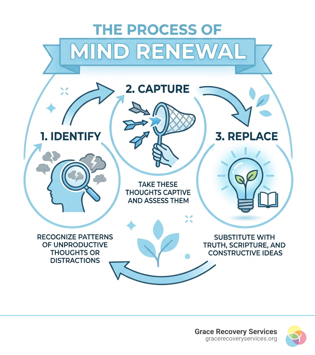 The process of mind renewal: Identify, Capture, Replace - bible verses on sober mind infographic 