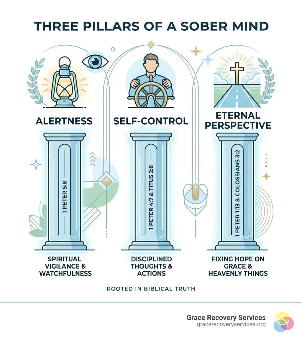 Three pillars of a sober mind: alertness, self-control, and eternal perspective infographic - bible verses on sober mind