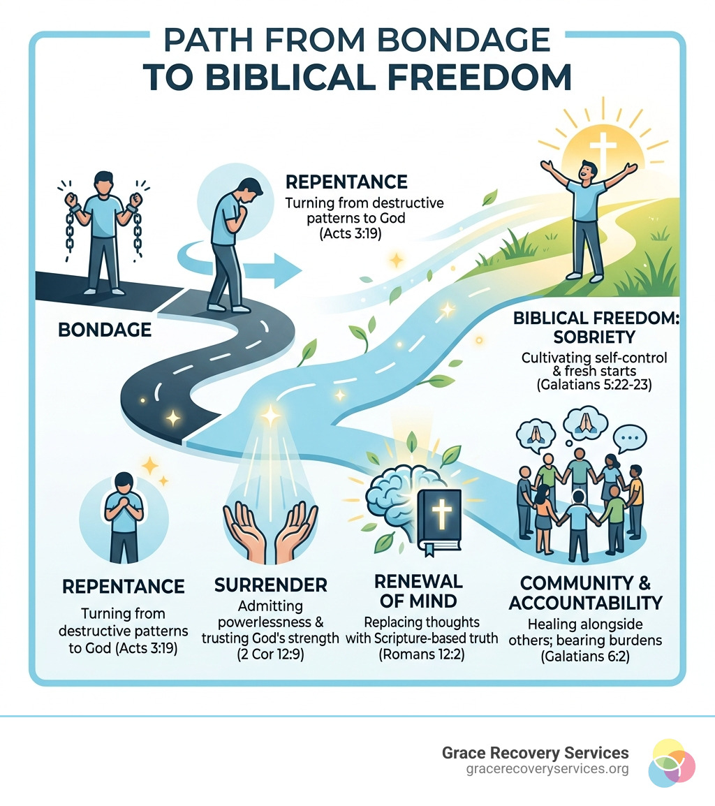 Path from bondage to biblical freedom: repentance, surrender, renewal, community, sobriety infographic - Bible principles
