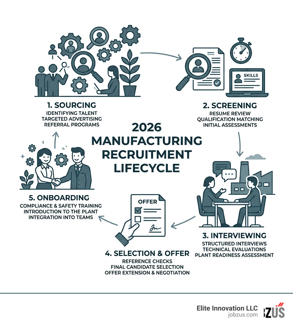 2026 manufacturing recruitment lifecycle from sourcing to onboarding - industrial manufacturing recruitment infographic 