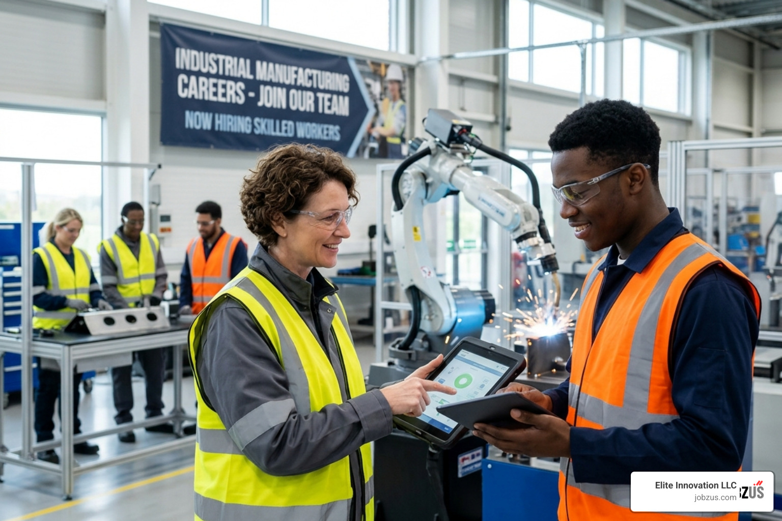 diverse engineering team collaborating on a production floor - industrial manufacturing recruitment