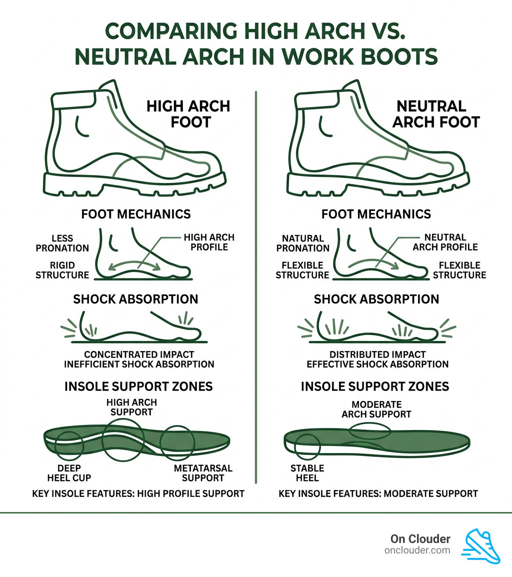 Infographic comparing high arch vs neutral arch mechanics, shock absorption, and insole support zones - high arch work boot