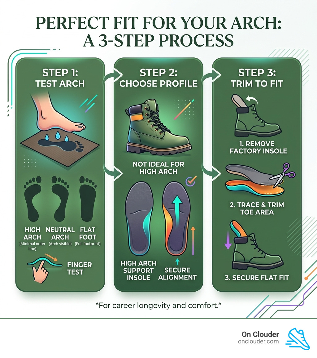 Infographic showing the 3-step process: Test Arch, Choose Profile, Trim to Fit - high arch work boot insoles infographic 