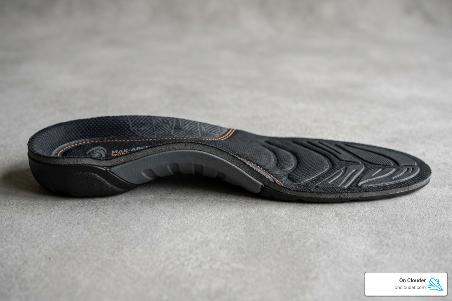 High-profile orthotic insole showing significant arch height and deep heel cup - high arch work boot insoles