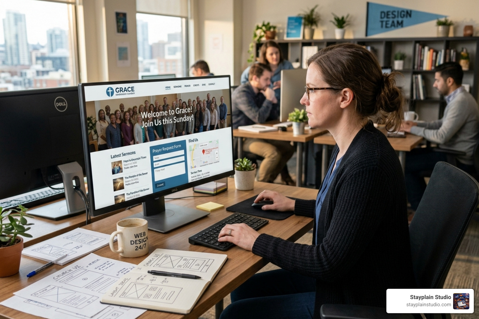 professional designer working on a church website layout - church website design services