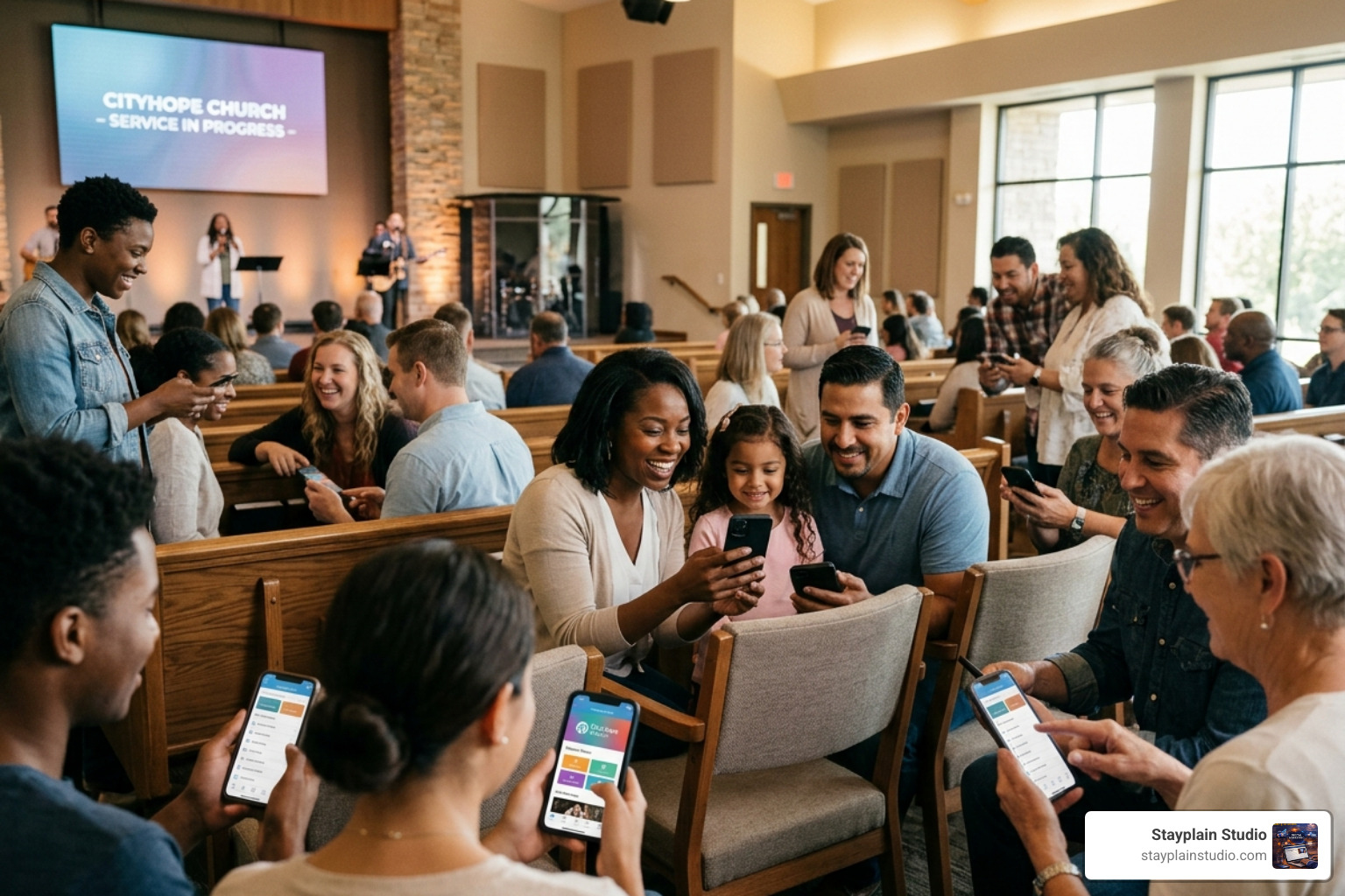 congregation using mobile app to engage with church - church website design services