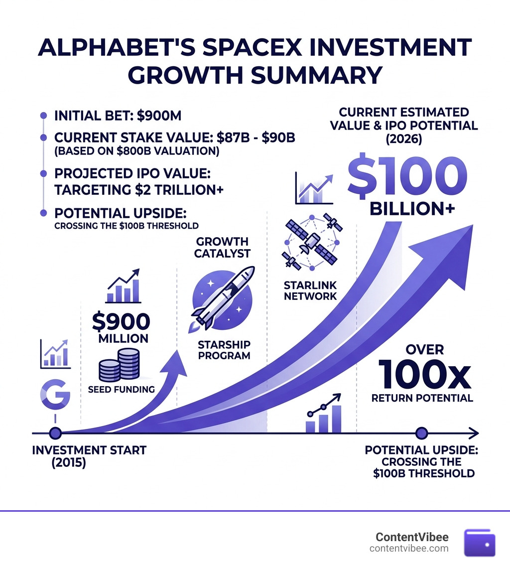 Alphabet's SpaceX stake growth summary infographic showing 100x return potential - Alphabet SpaceX Investment Value and