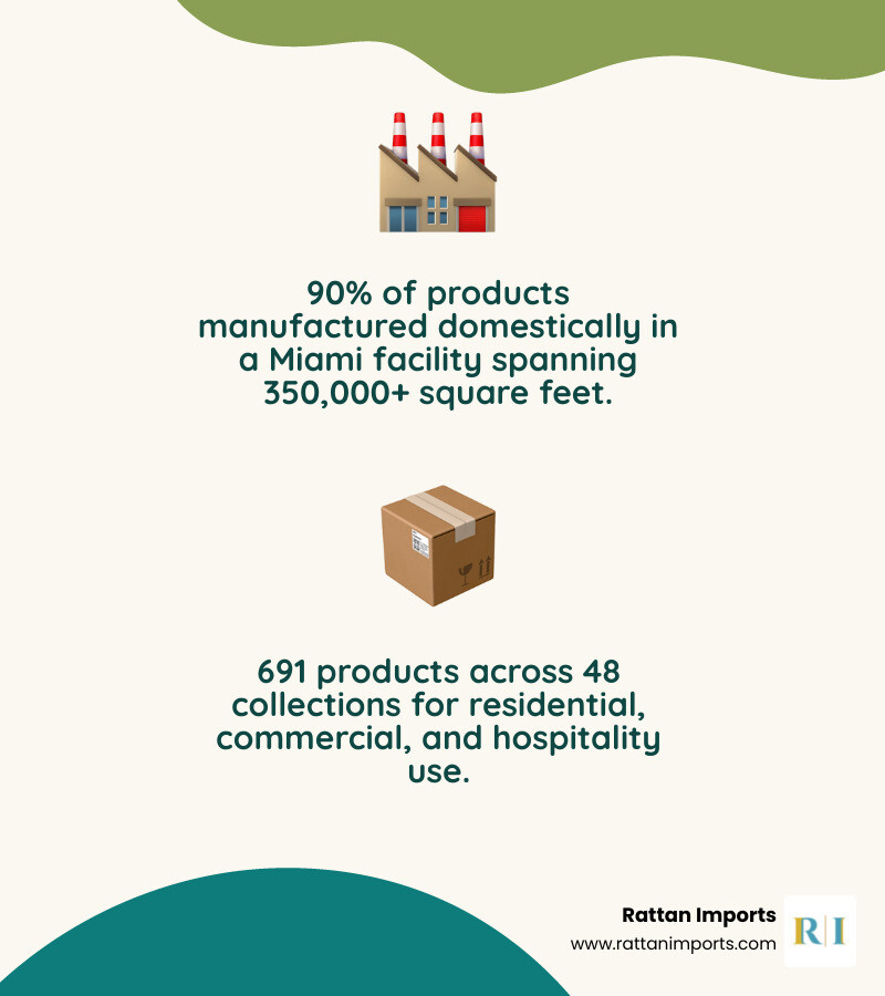 DecoScape brand overview infographic: Miami manufacturing, 691 products, 48 collections, 90% US-made, hospitality-grade