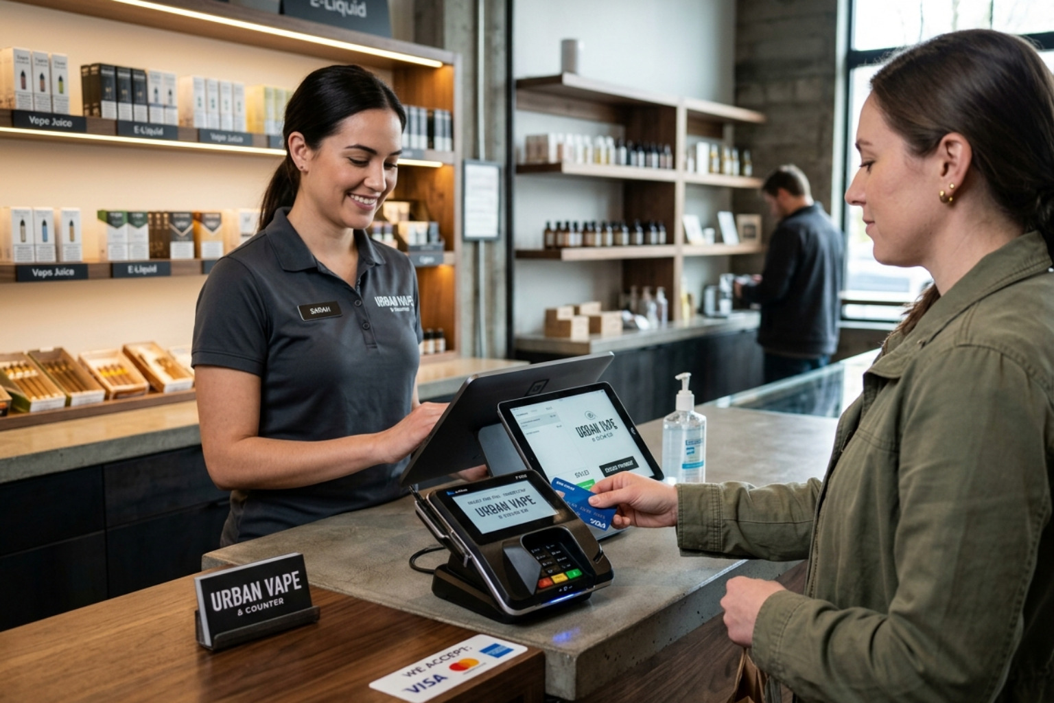 Modern smoke shop interior showing a clean checkout area with a professional payment terminal - Smoke Shop Payment Modern smoke shop interior showing a clean checkout area with a professional payment terminal - Smoke Shop Payment