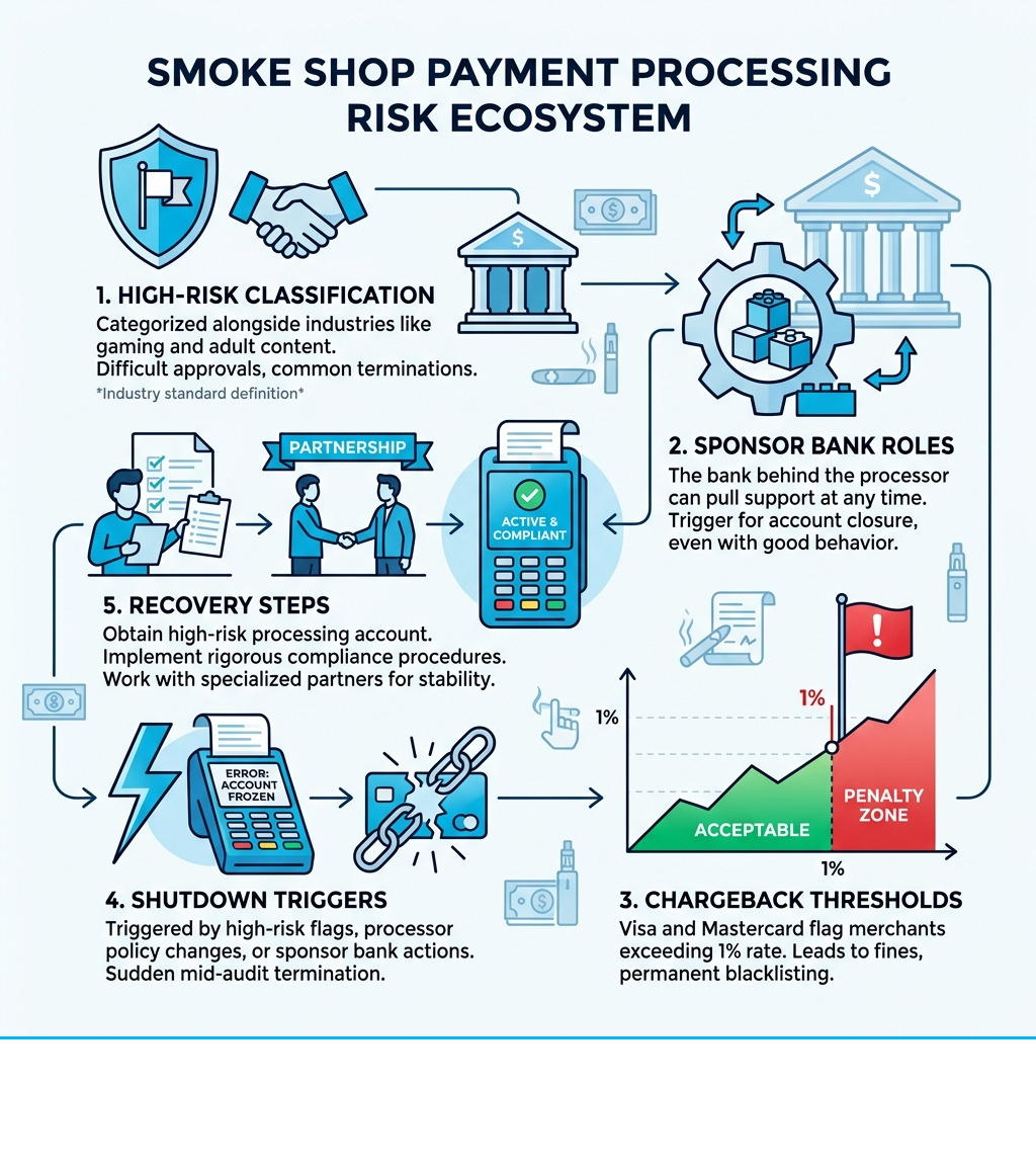 Infographic: Smoke shop payment processing risk ecosystem — high-risk classification, sponsor bank roles, chargeback Infographic: Smoke shop payment processing risk ecosystem — high-risk classification, sponsor bank roles, chargeback