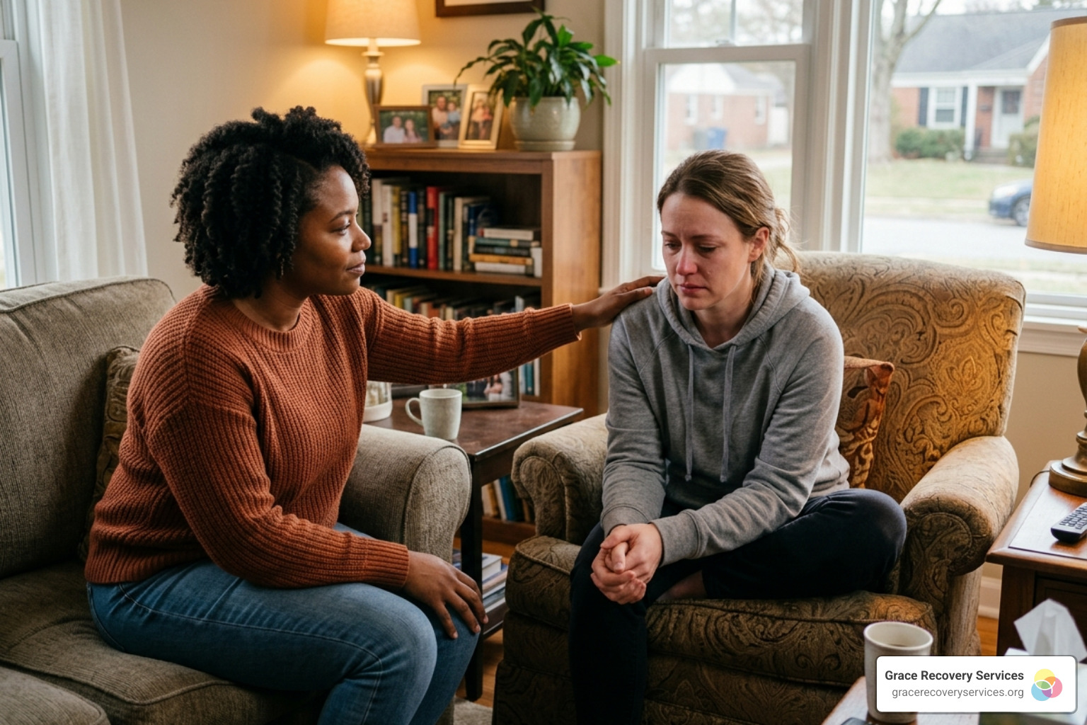 A concerned friend reaching out to a loved one in a supportive environment - signs and symptoms of substance use disorder A concerned friend reaching out to a loved one in a supportive environment - signs and symptoms of substance use disorder