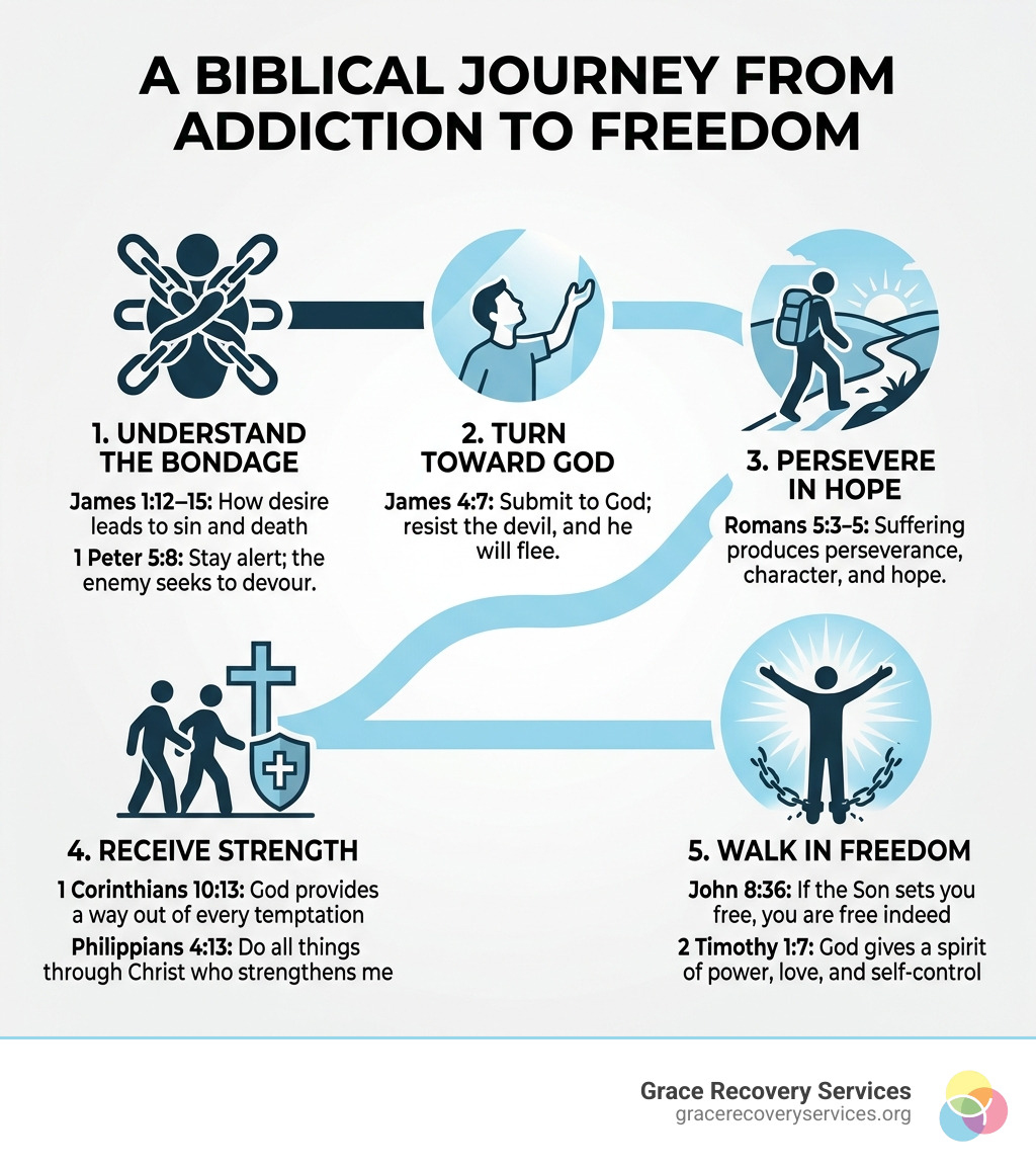 Infographic showing the biblical path from bondage to freedom through key scriptures on addiction and recovery - bible Infographic showing the biblical path from bondage to freedom through key scriptures on addiction and recovery - bible