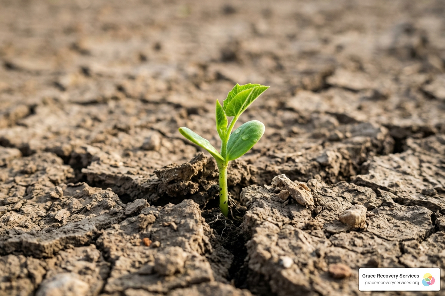 A seedling growing through cracked earth, representing new life after the hardness of addiction - recovery bible verses A seedling growing through cracked earth, representing new life after the hardness of addiction - recovery bible verses