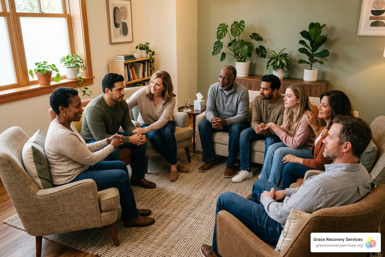 A supportive group circle in a comfortable clinical setting - scripture for healing and recovery