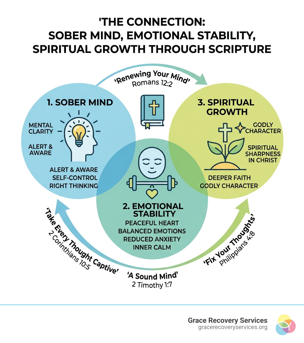 infographic showing the connection between sober mind, emotional stability, and spiritual growth through scripture - be