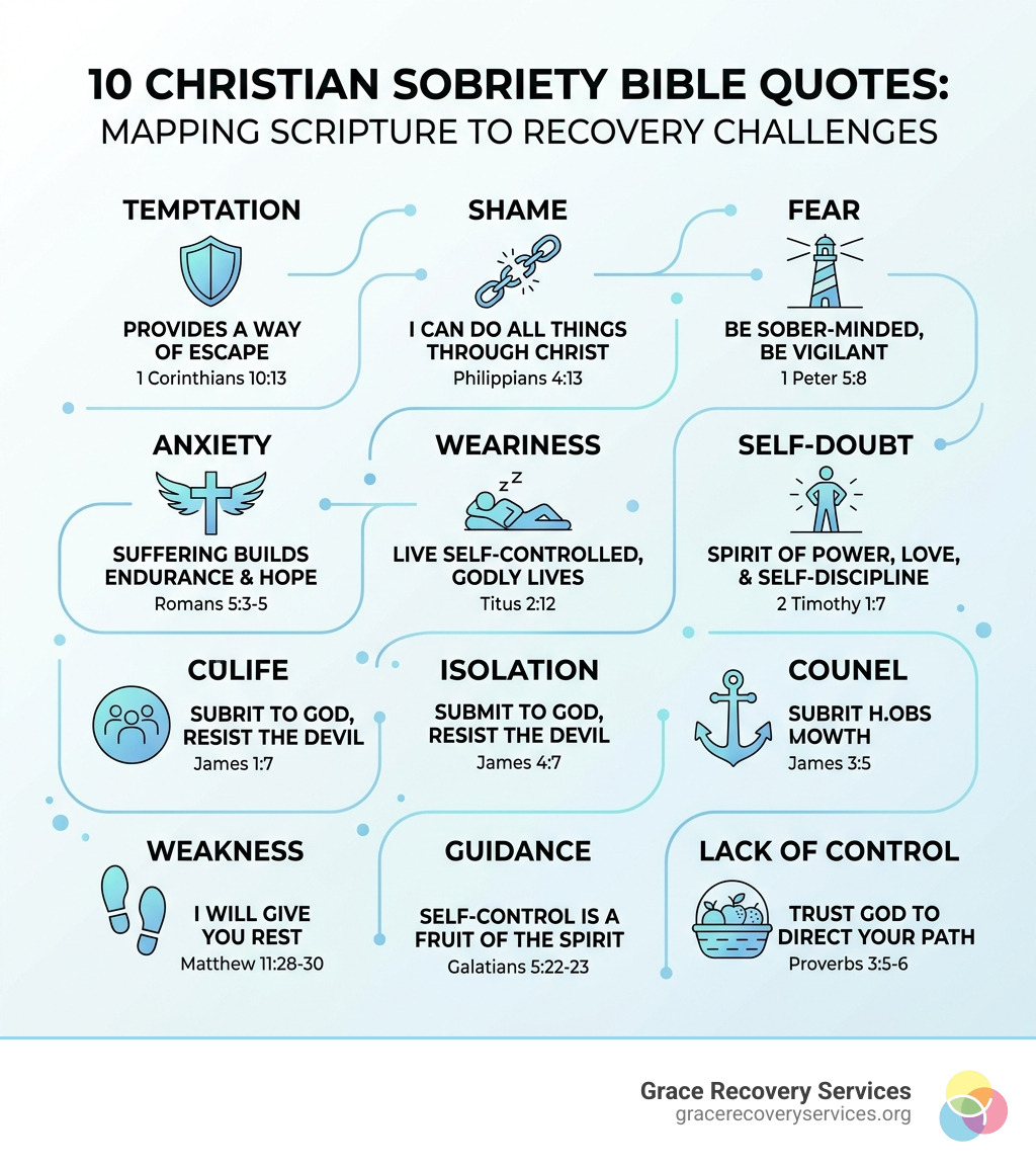 Infographic showing 10 Christian sobriety bible quotes mapped to recovery challenges like temptation, shame, and fear