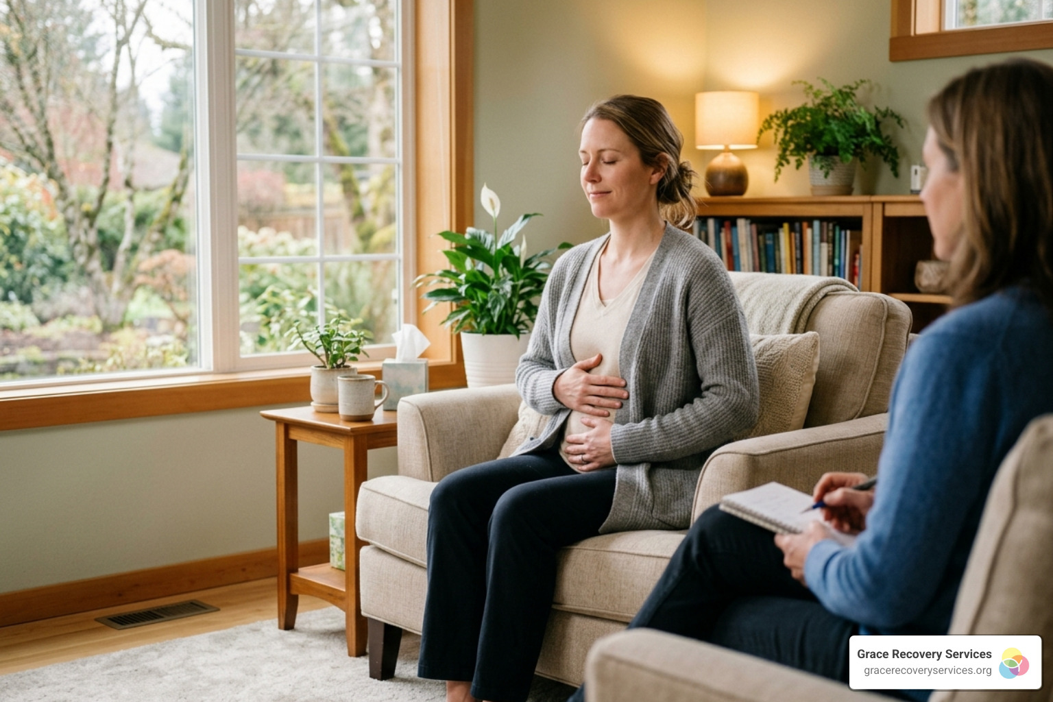 Client practicing mindful breathing in a calm setting - Holistic trauma Christian treatment