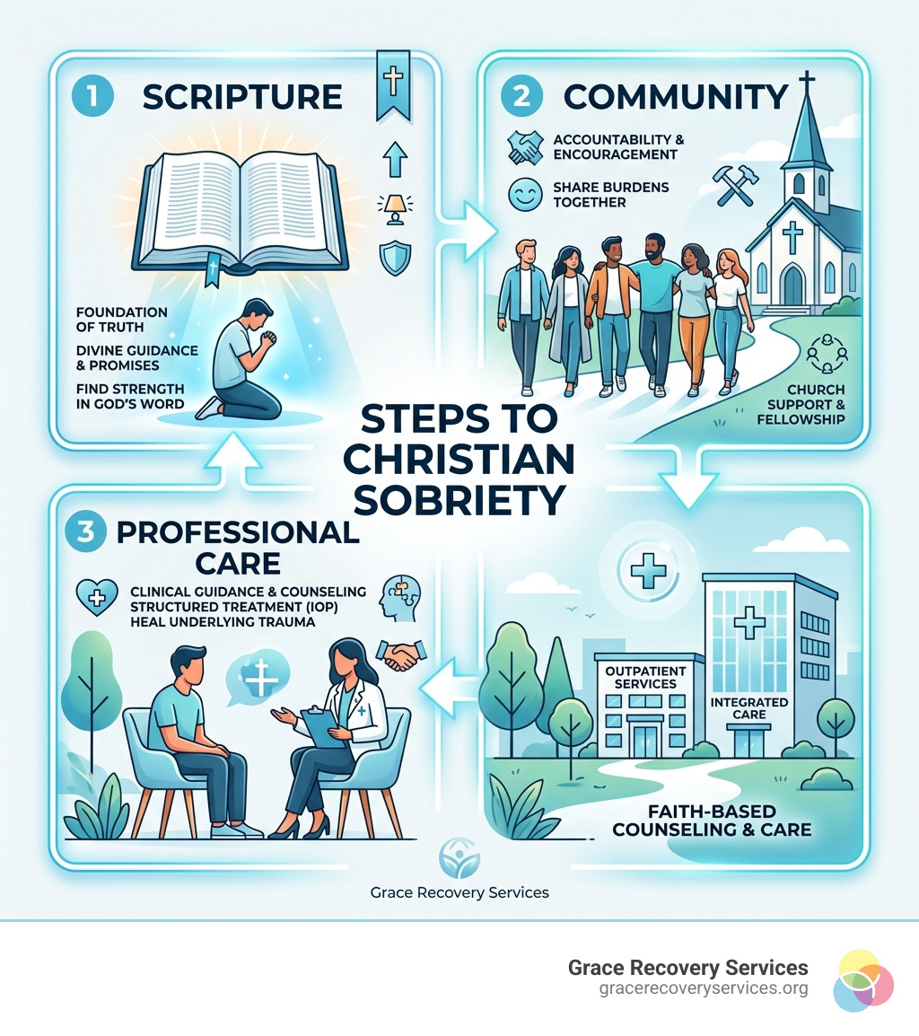 Infographic summarizing the steps to Christian sobriety: Scripture, Community, and Professional Care - christian sobriety