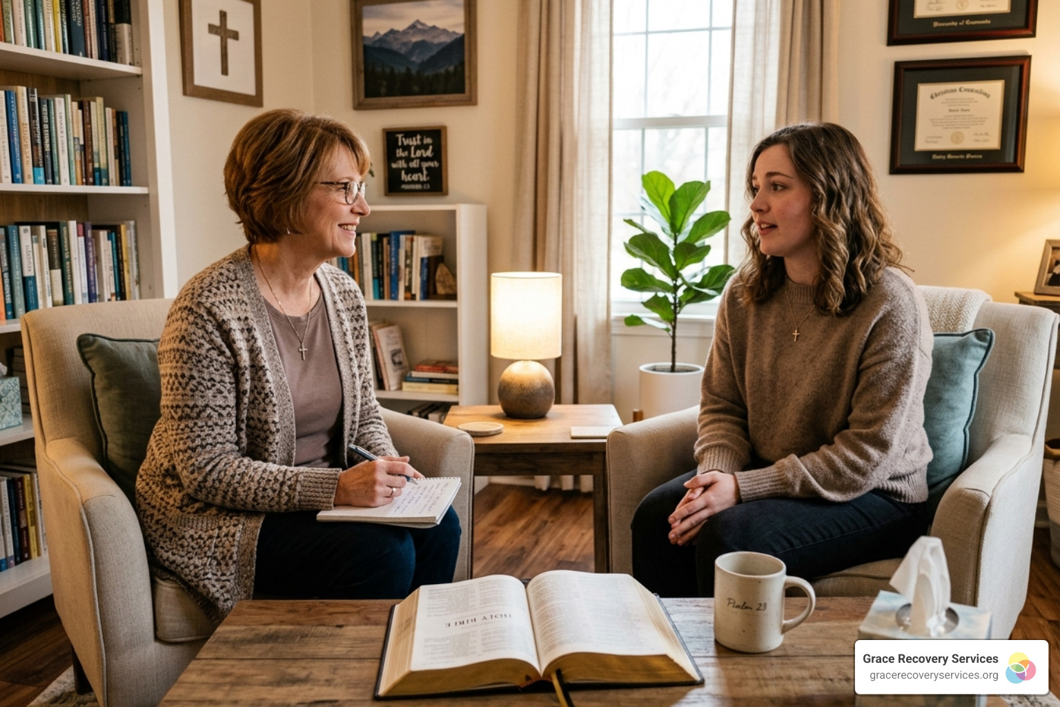 A compassionate Christian counseling session with a therapist and client - christian sobriety bible quotes