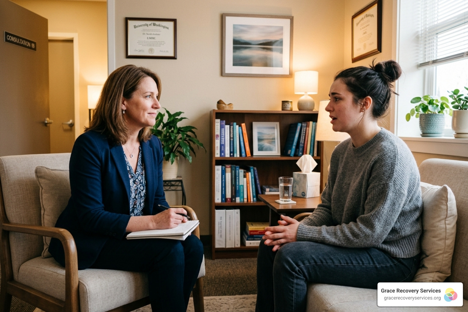 A compassionate therapist listening to a client in a trauma-informed counseling session - types of substance use disorders