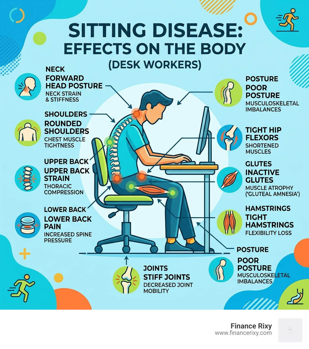 Infographic showing sitting disease effects on muscles, joints, and posture for desk workers - mobility exercises for desk