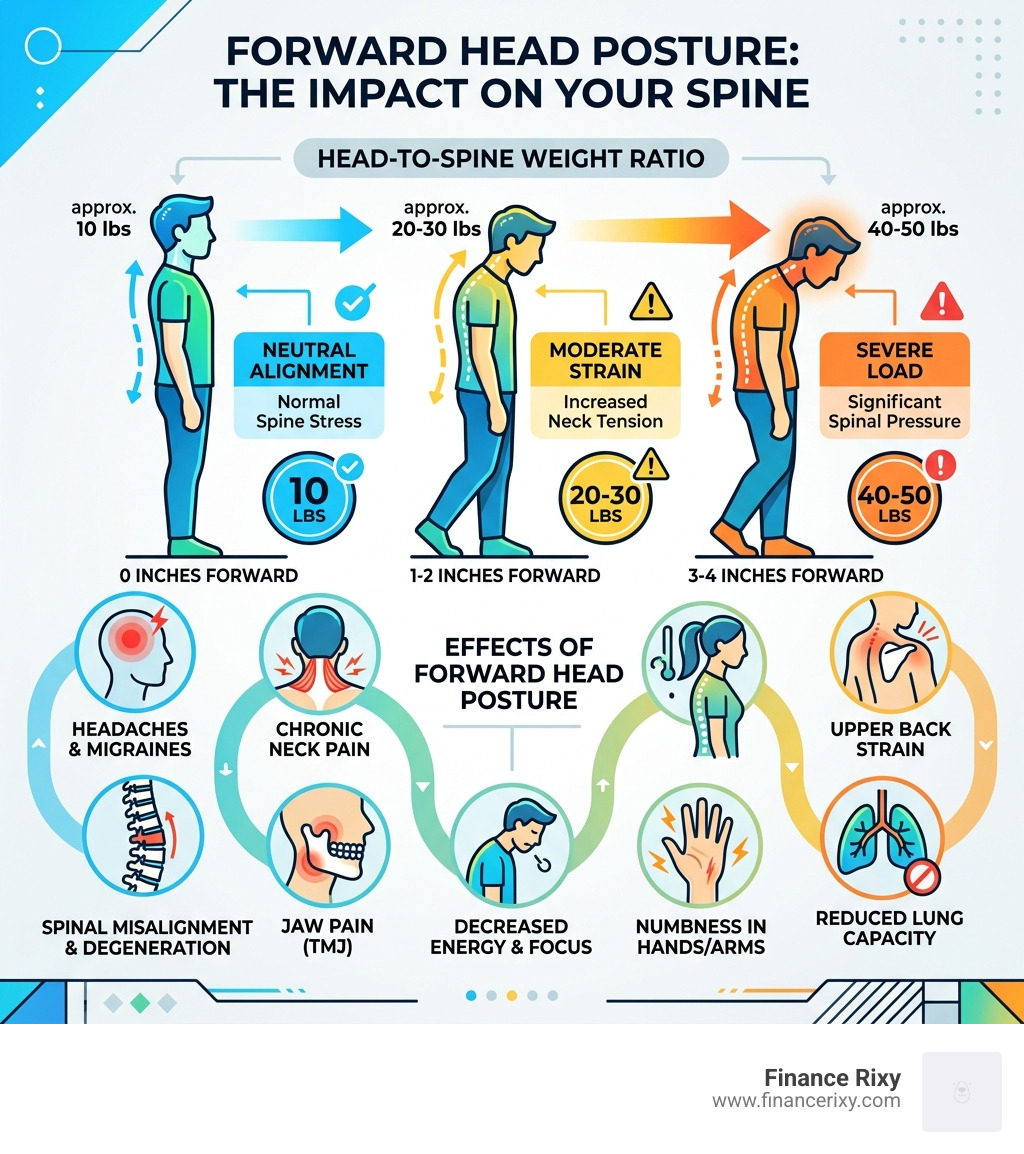 infographic showing the 10-pound head-to-spine weight ratio and effects of forward head posture - fix slouching at work