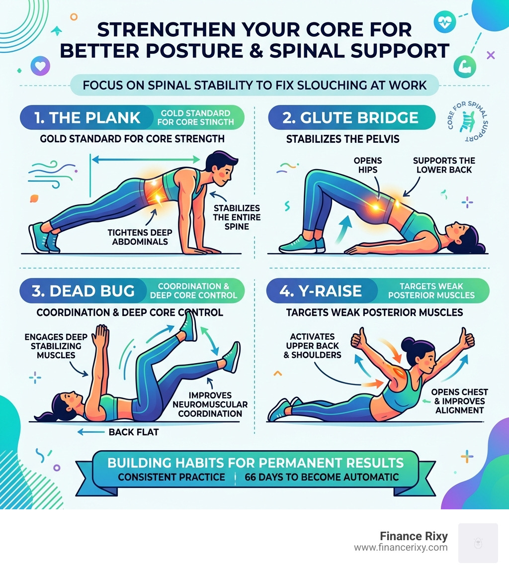 infographic showing core strengthening exercises like planks and bridges for spinal support - fix slouching at work