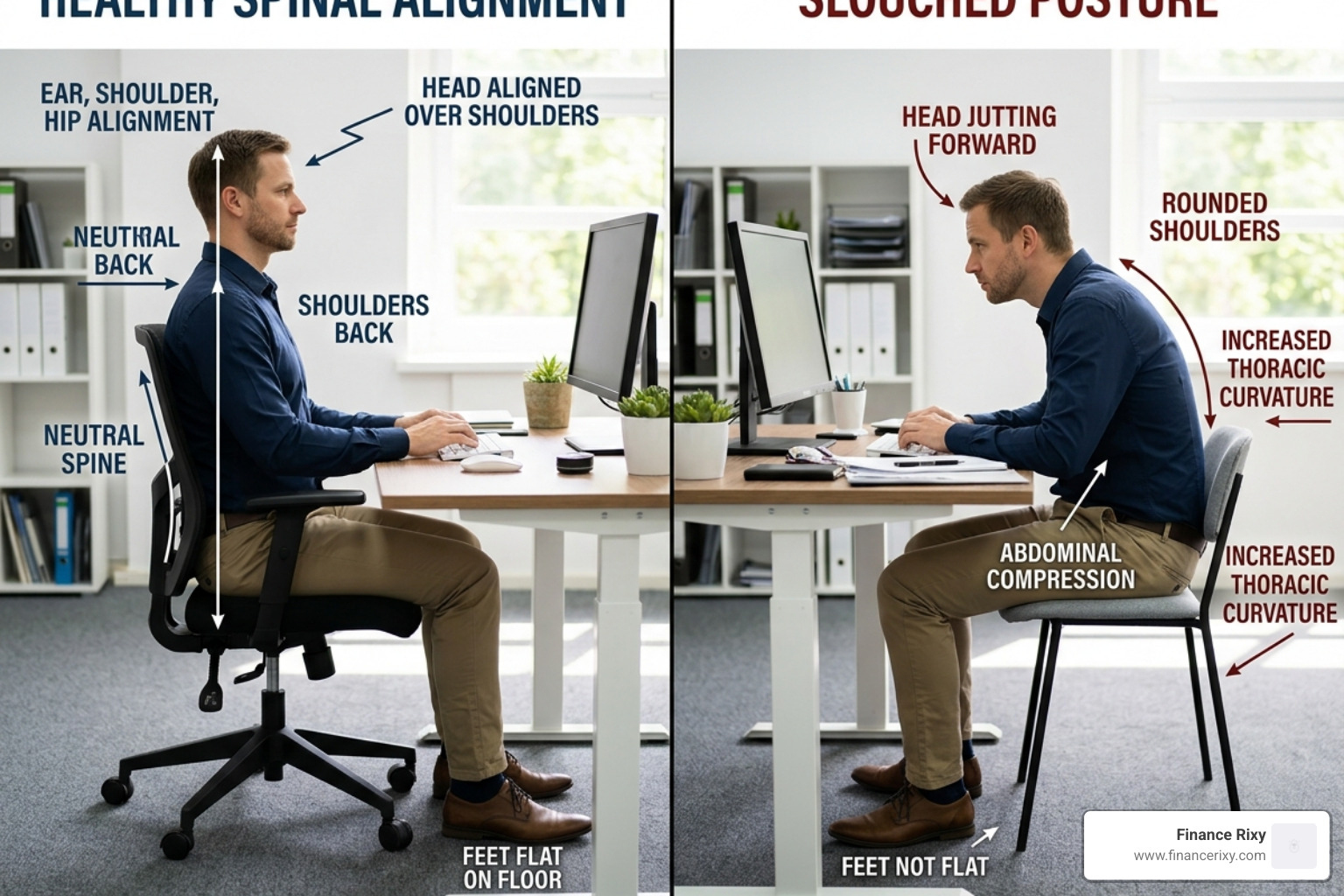 diagram showing the difference between healthy spinal alignment and a slouched posture - fix slouching at work