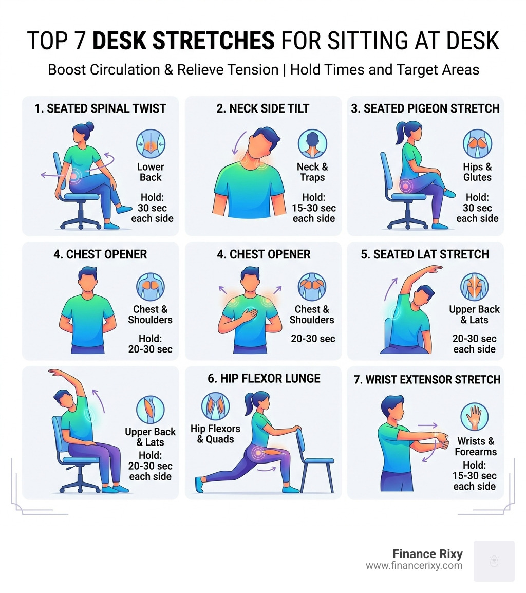 Infographic showing top 7 desk stretches with target muscle groups and hold times - best stretches for sitting at desk