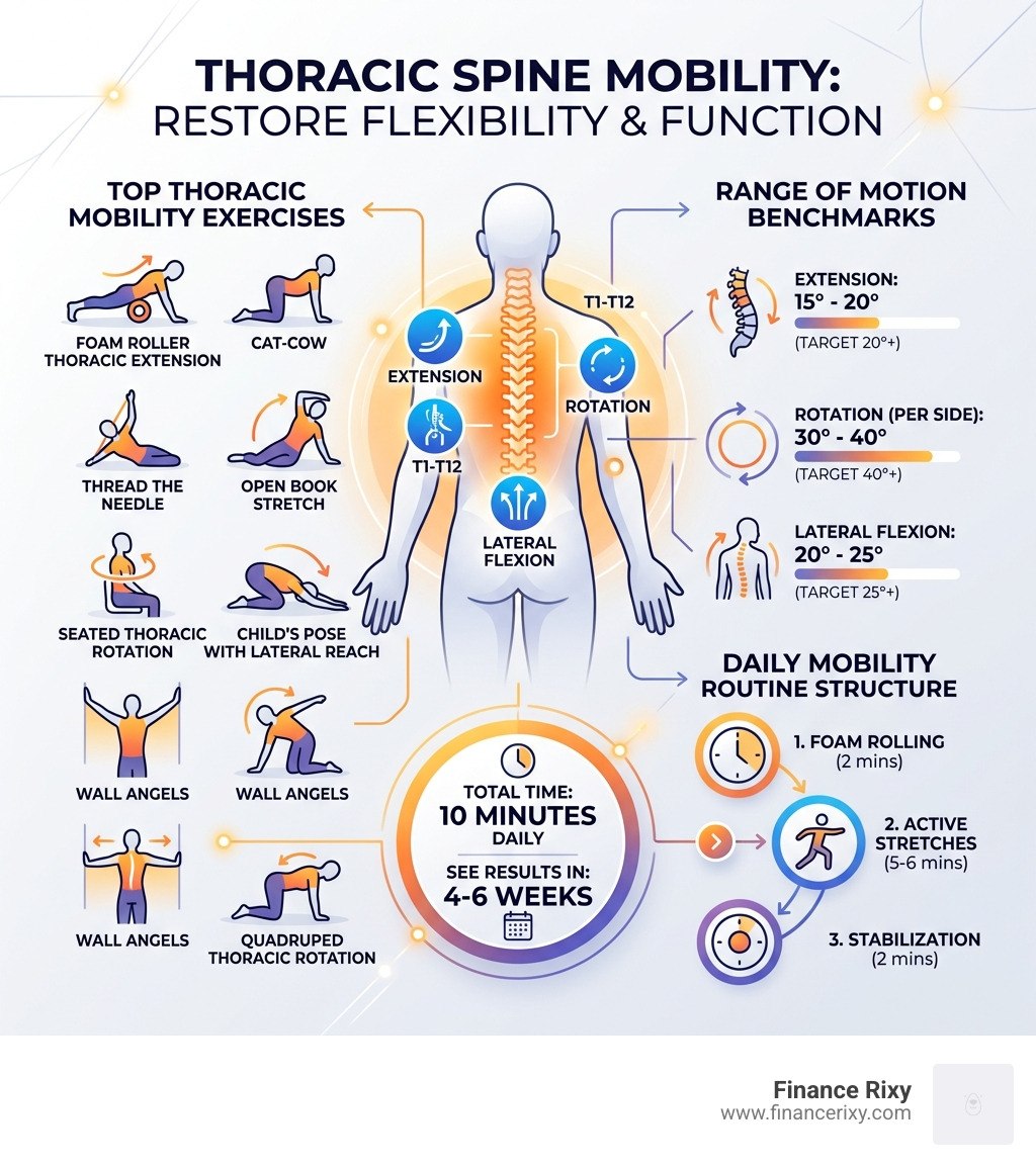 infographic showing top thoracic spine mobility exercises with body diagram, range of motion benchmarks, and daily routine