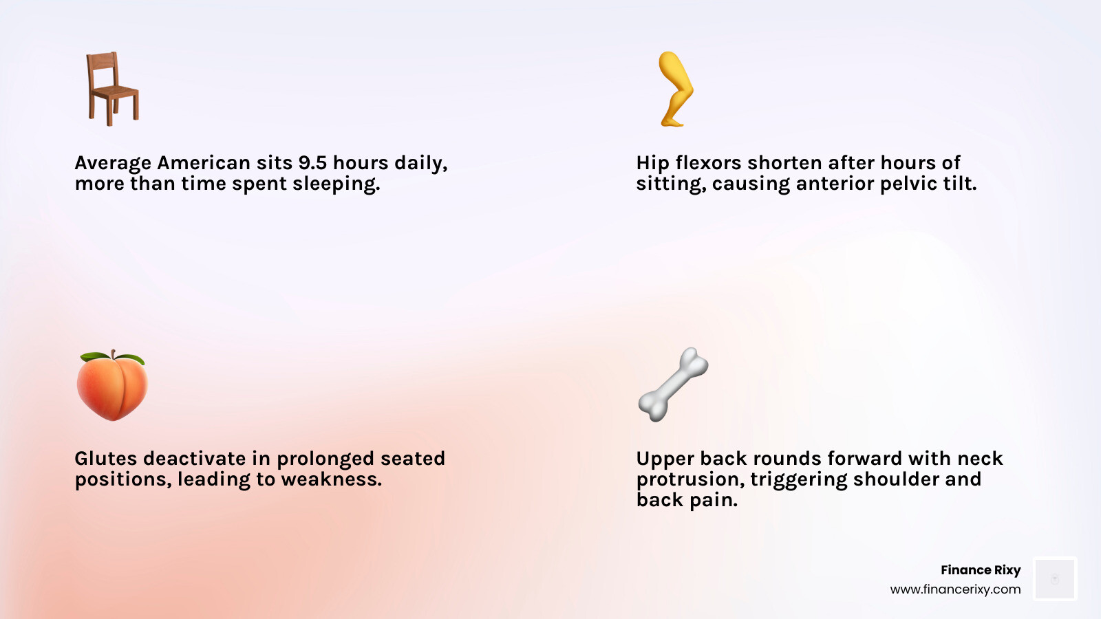 Infographic showing physical impact of 9.5 hours daily sitting on hips, back, shoulders, and neck - desk mobility routine