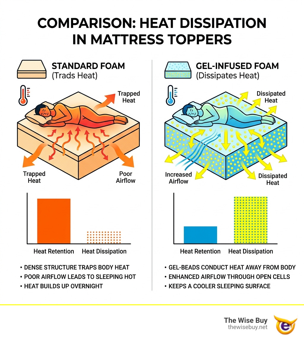 Graphic showing how gel-infused toppers dissipate heat compared to standard foam - best down alternative mattress topper