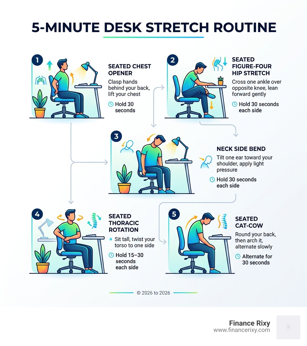 Infographic showing a 5-minute desk stretch routine flow with 5 key stretches and hold times - 5 minute work break stretches