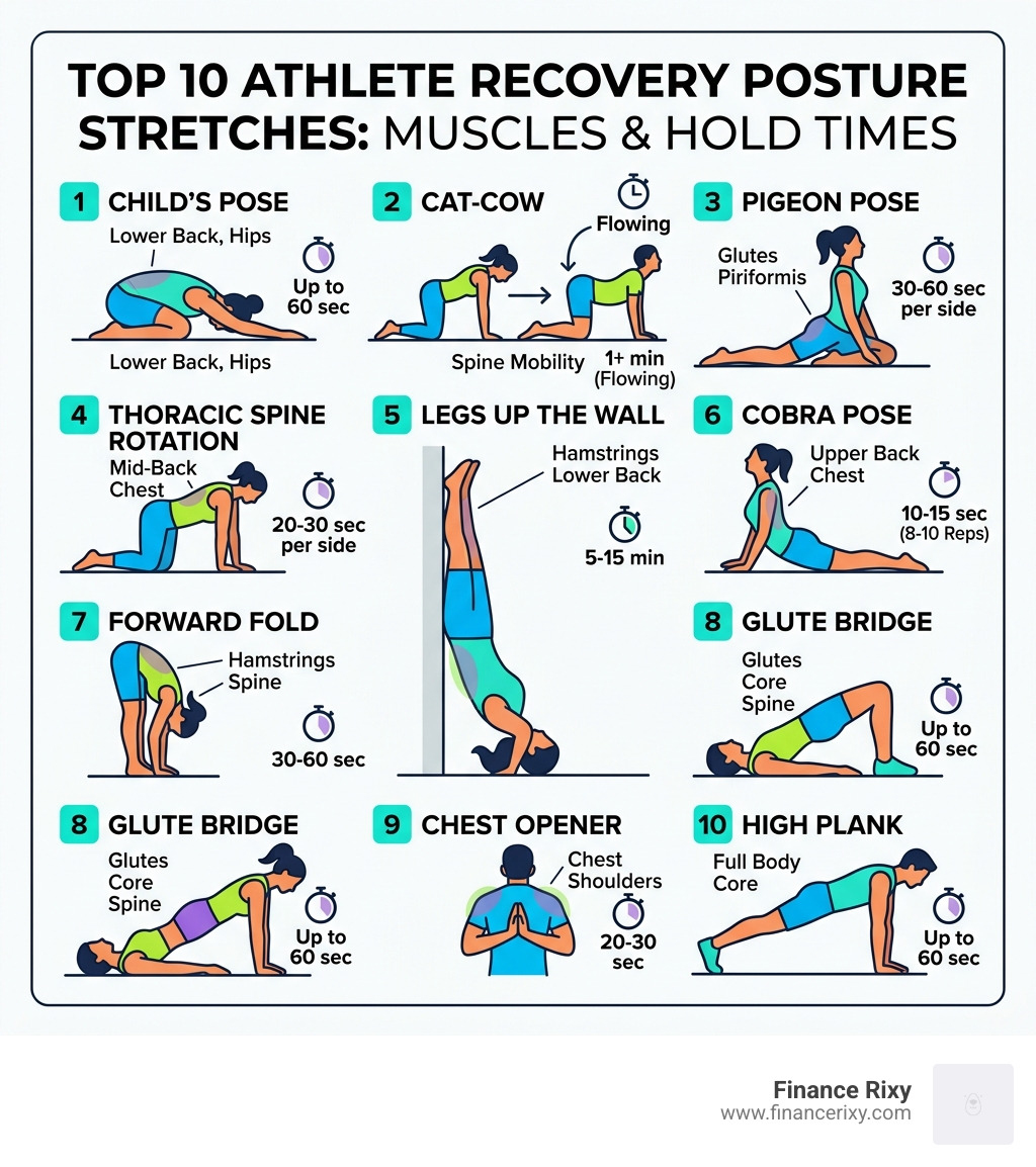 Infographic showing top 10 athlete recovery posture stretches with target muscles and hold times - athlete recovery posture