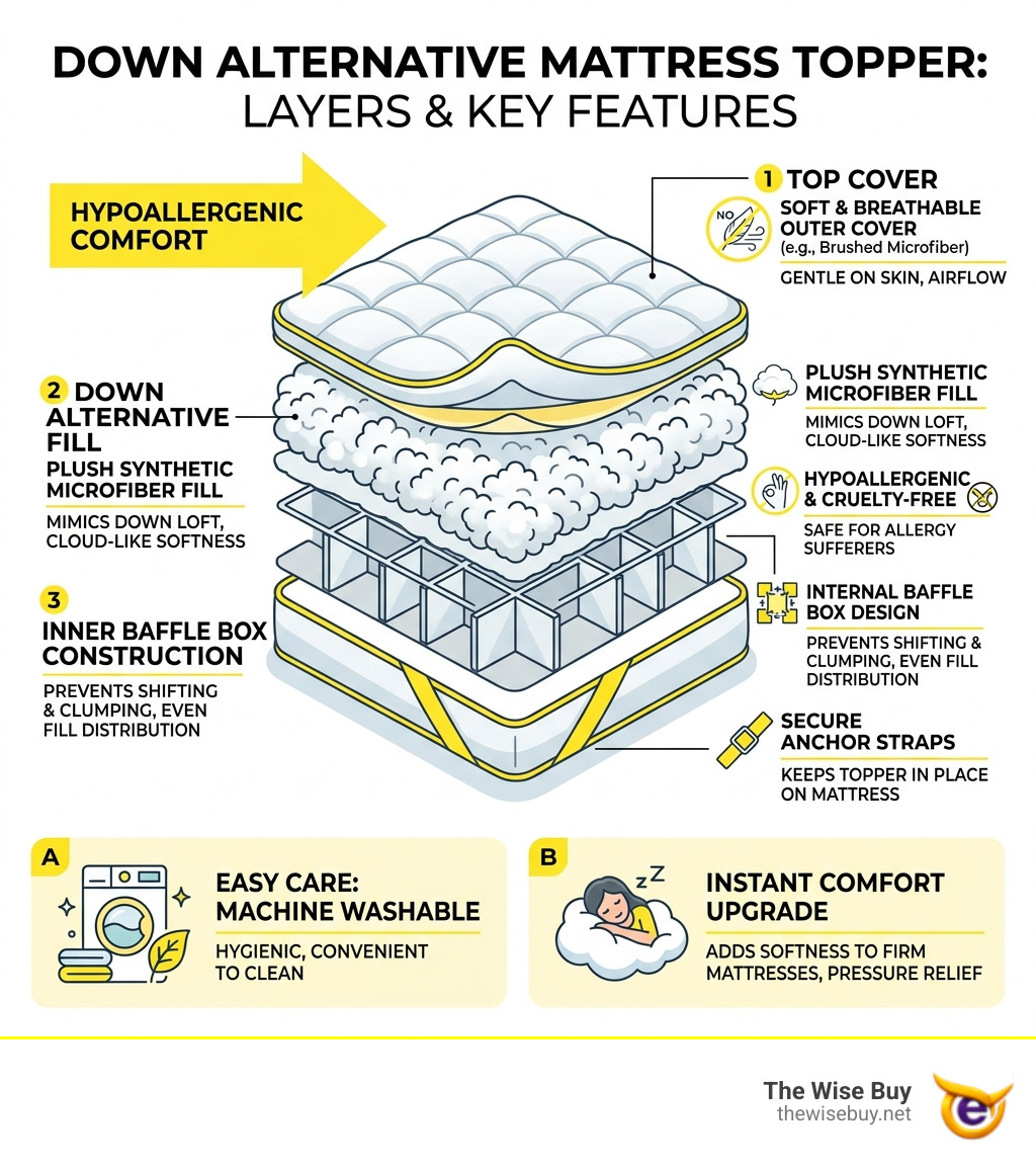 Infographic showing layers and key features of a down alternative mattress topper - best down alternative mattress topper