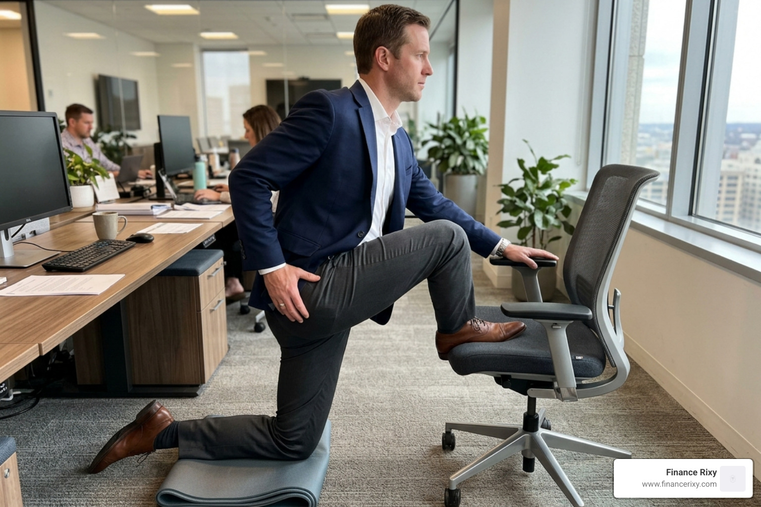 A person performing a couch stretch against an office chair - lordosis correction stretches work
