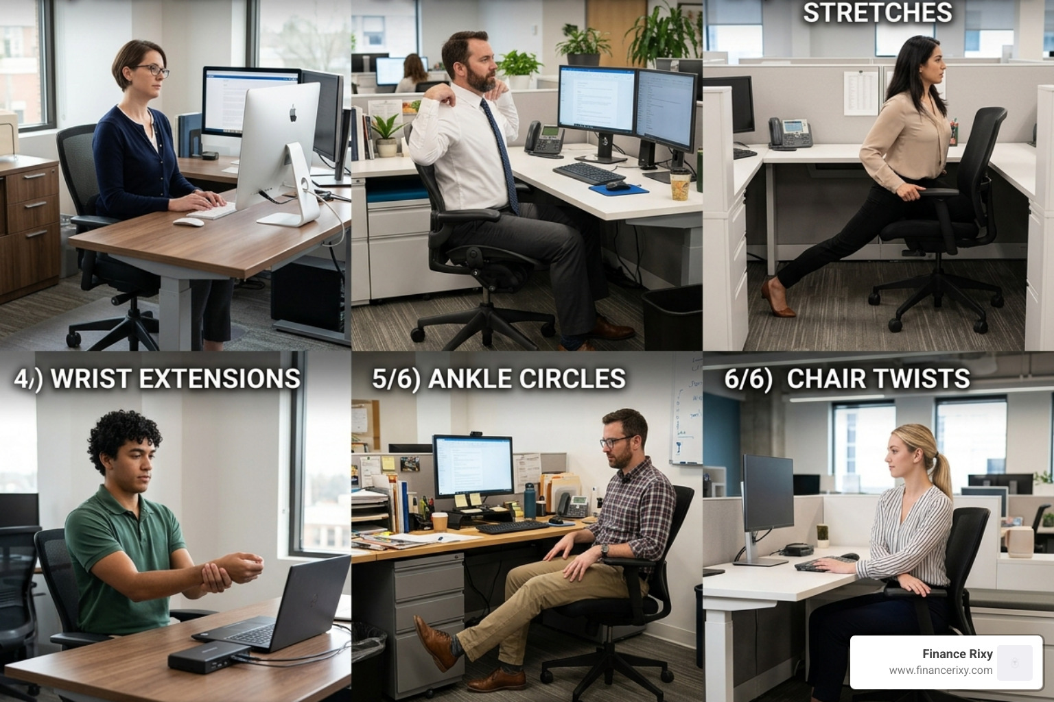 Split-screen showing various desk-friendly mobility exercises - mobility exercises for desk workers