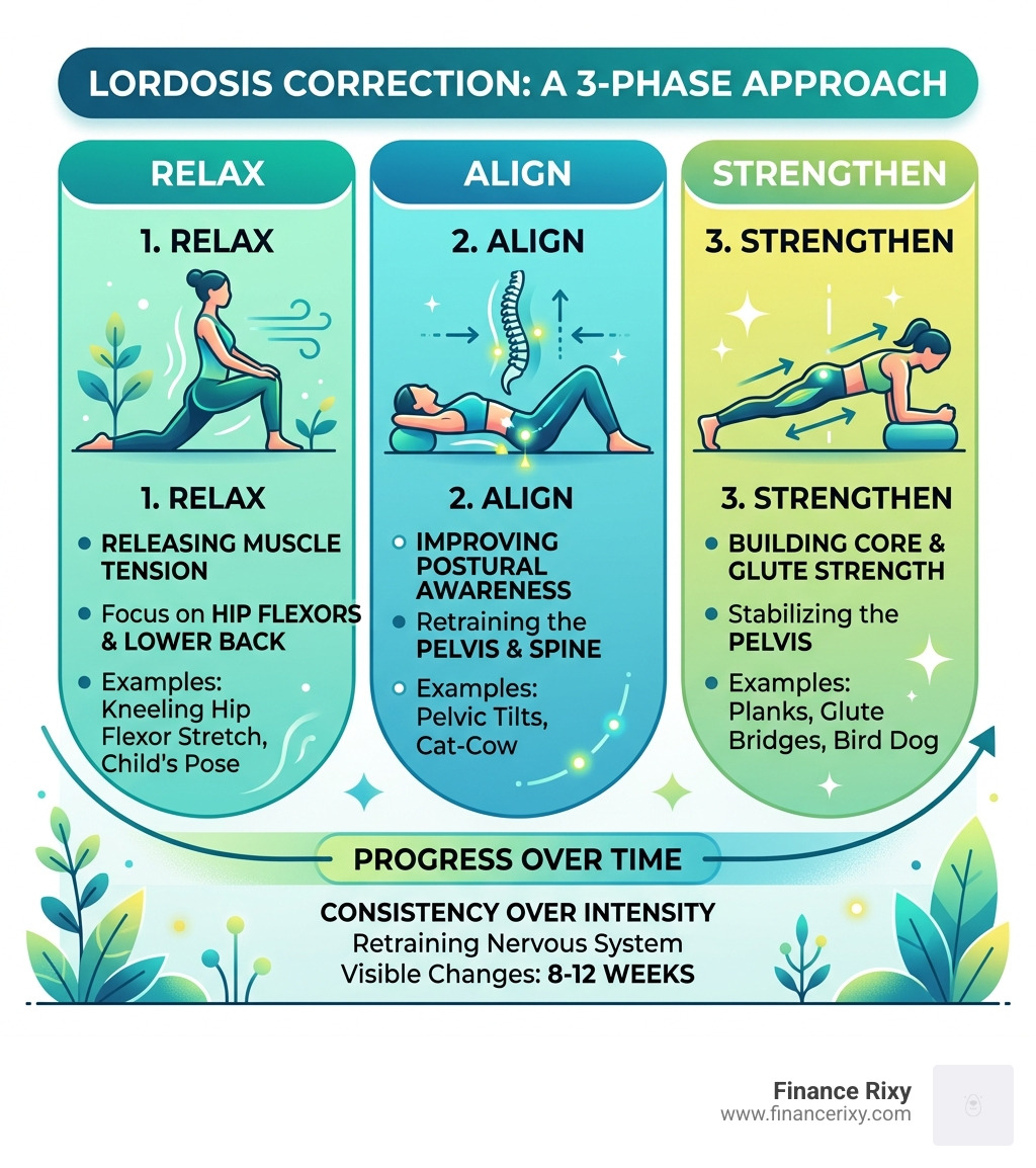 Infographic showing the 3-phase approach: Relax, Align, Strengthen - lordosis correction stretches work infographic 
