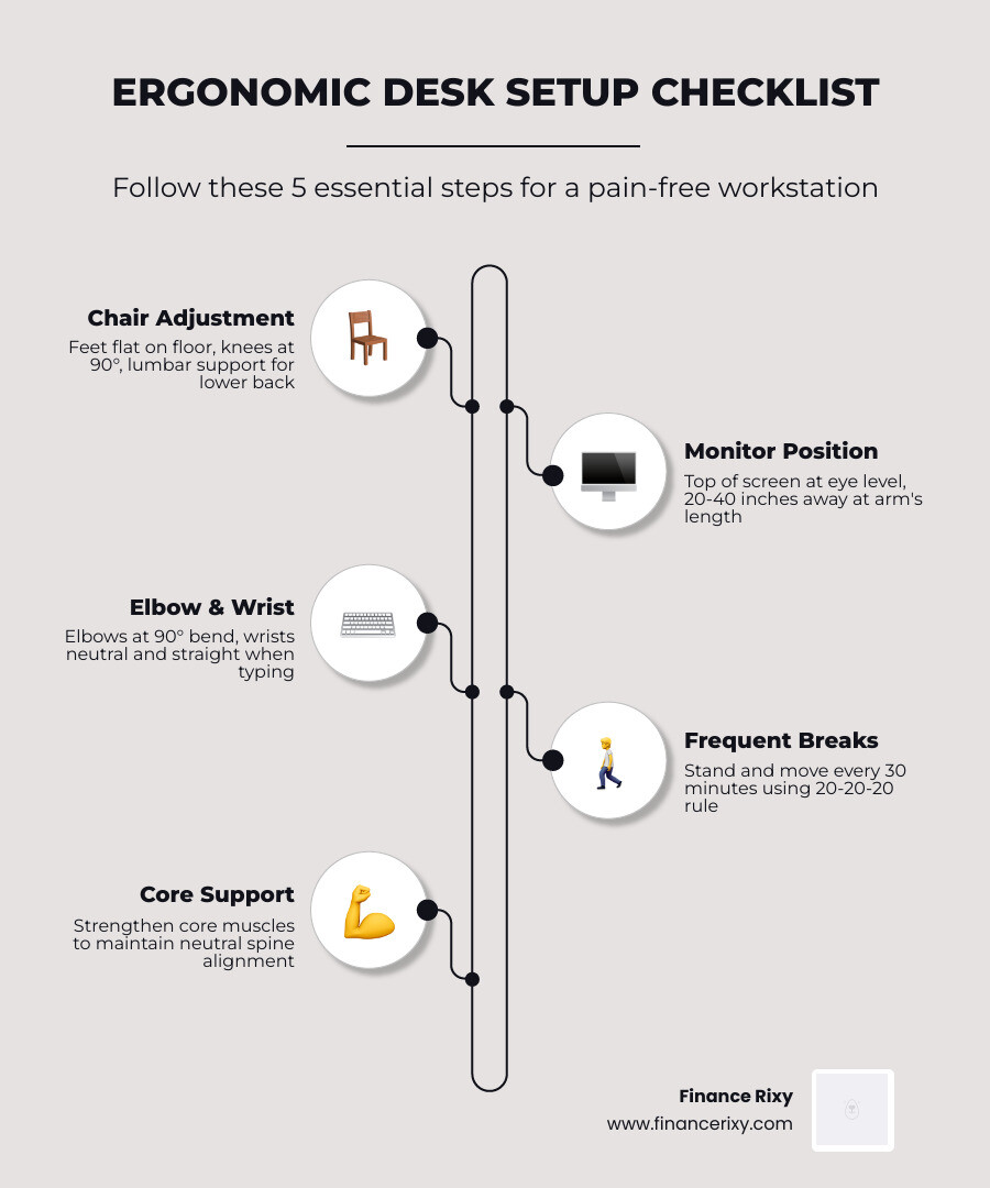 Infographic showing neutral spine sitting position, ergonomic desk setup checklist, and break schedule for desk workers