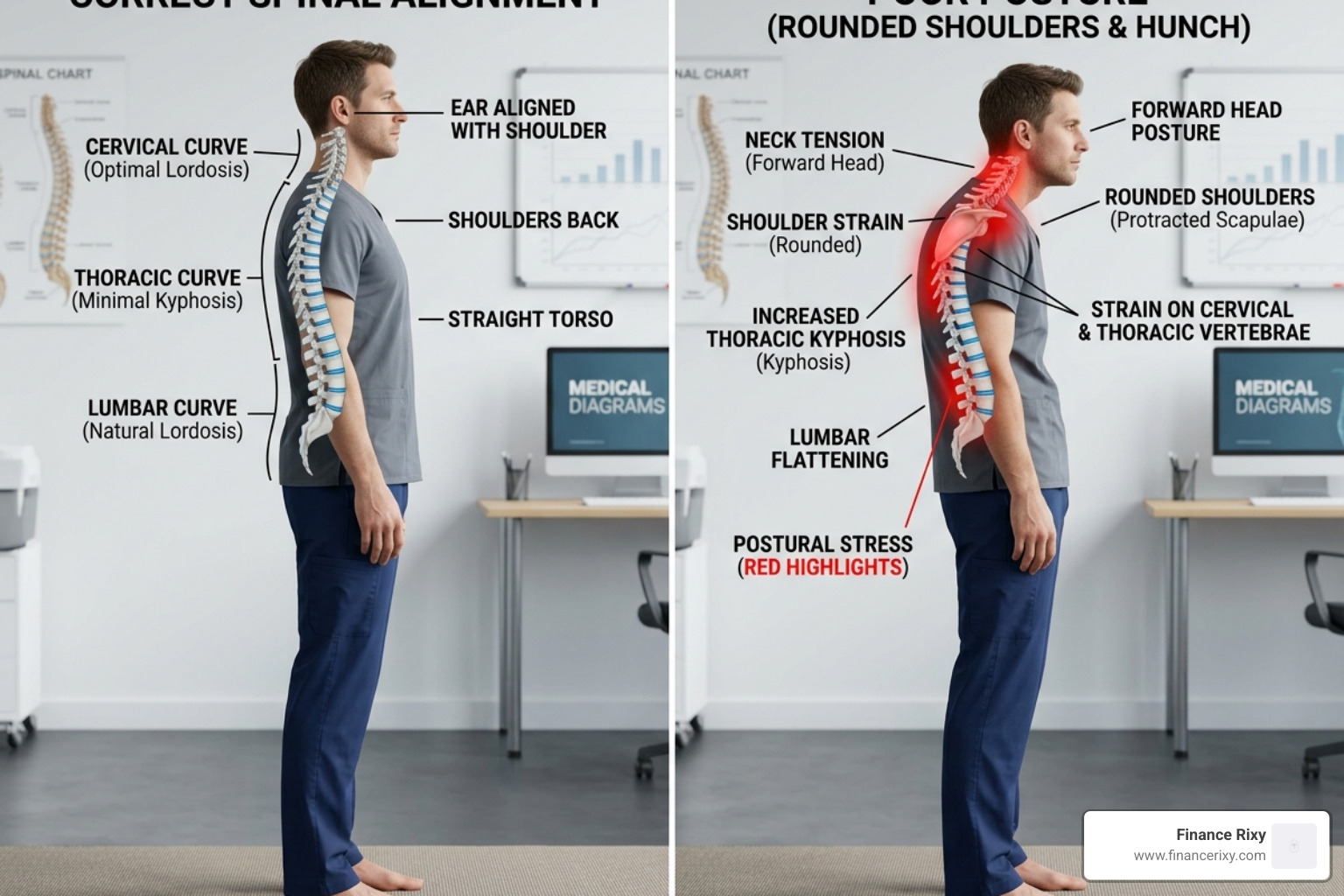 diagram of spinal alignment and rounded shoulders showing postural stress - desk mobility routine