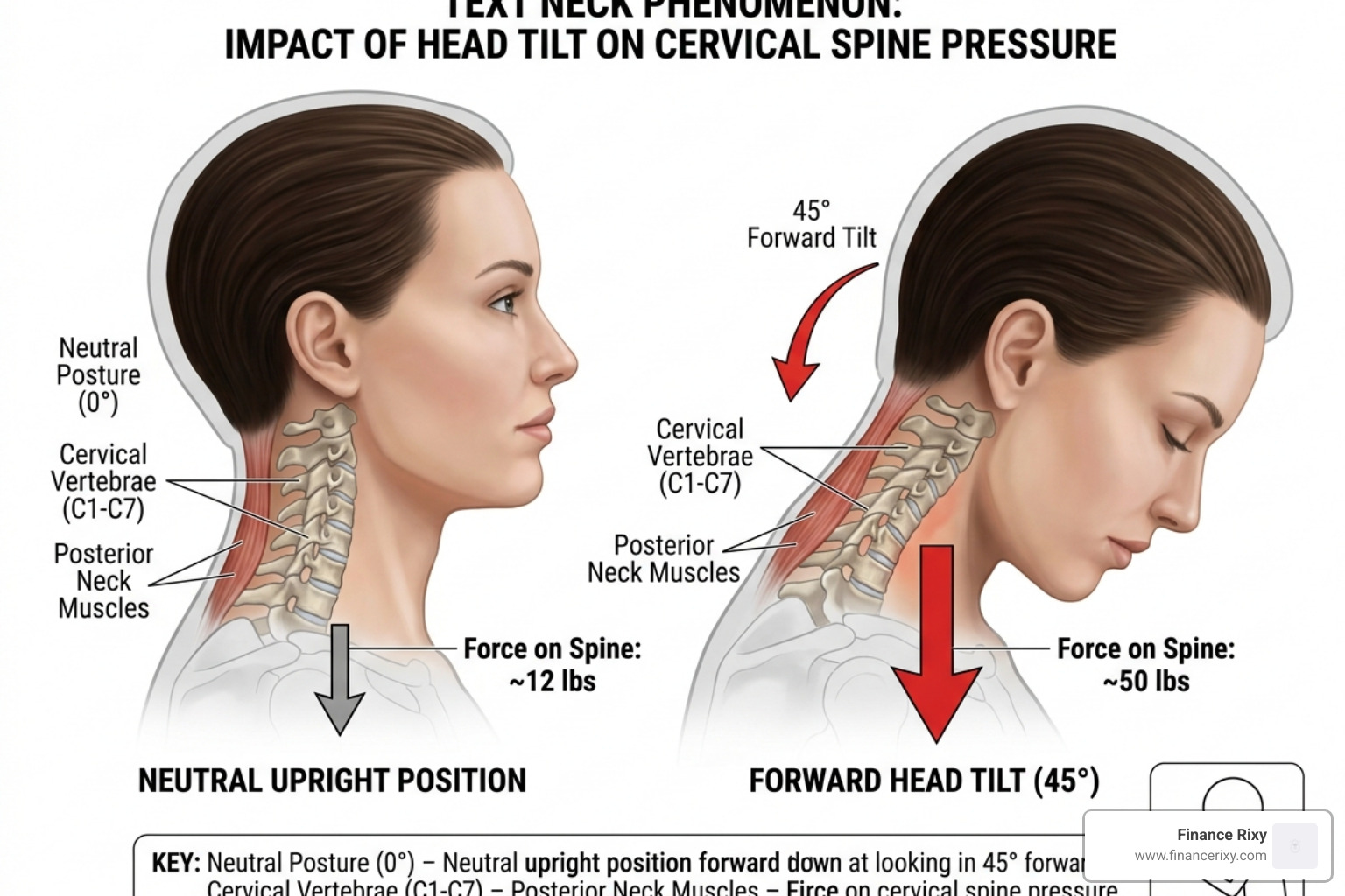 Diagram illustrating the "Text Neck" phenomenon and how forward head tilt increases spinal pressure - back pain computer work