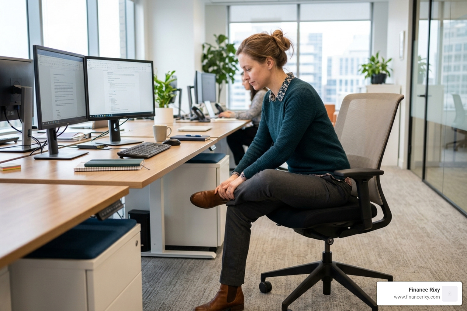 A person performing a seated figure-four stretch to relieve hip tension - 5 minute work break stretches