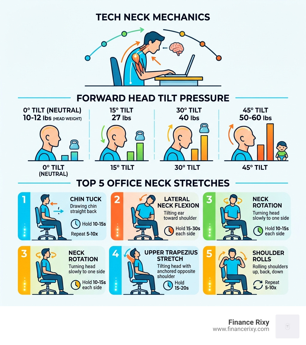 infographic showing Tech Neck mechanics, forward head tilt pressure levels, and top 5 office neck stretches - neck stretches