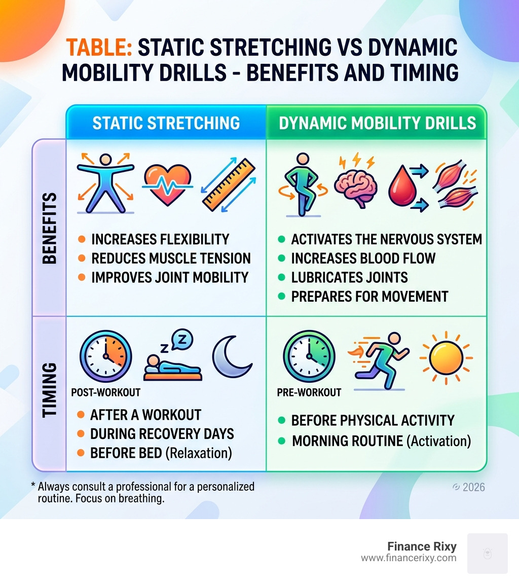 Table: Static Stretching vs Dynamic Mobility Drills - Benefits and Timing - mobility exercises for hips infographic 