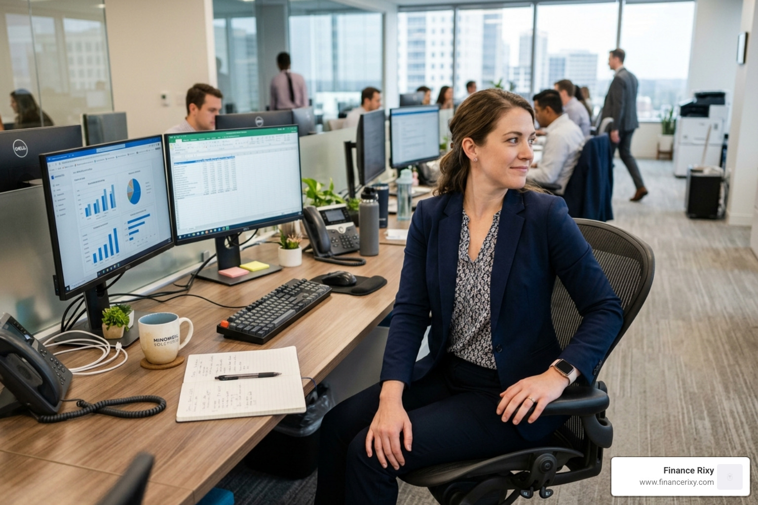 Worker performing a seated spinal twist and shoulder rolls at an office desk - back pain computer work