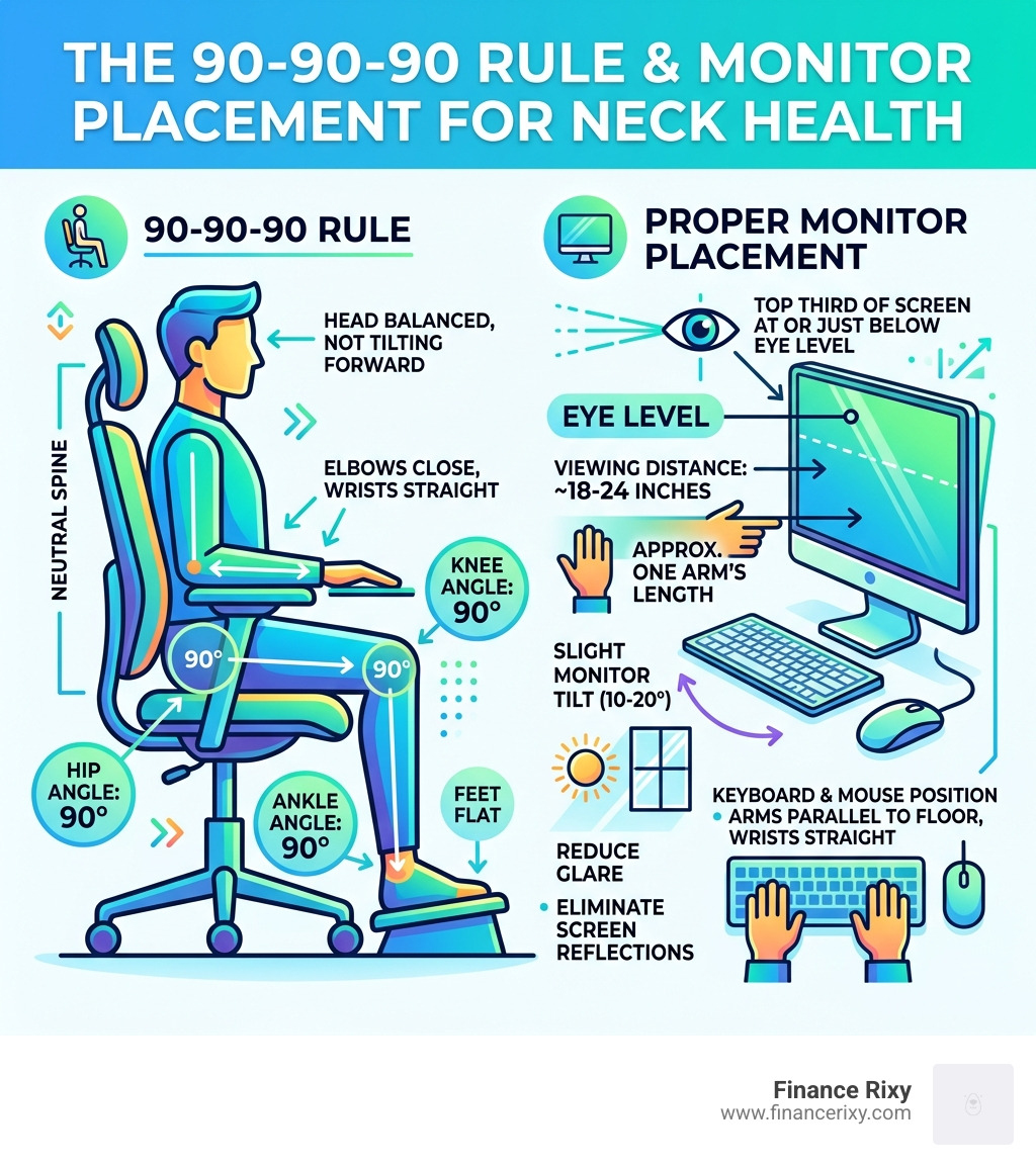 infographic showing the 90-90-90 rule and proper monitor placement - neck stretches office infographic 